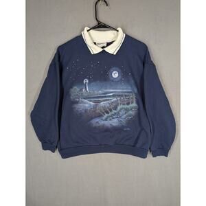 VTG 90s Morning Sun Sweatshirt Lighthouse Beach Nighttime Sequin Starts PL
